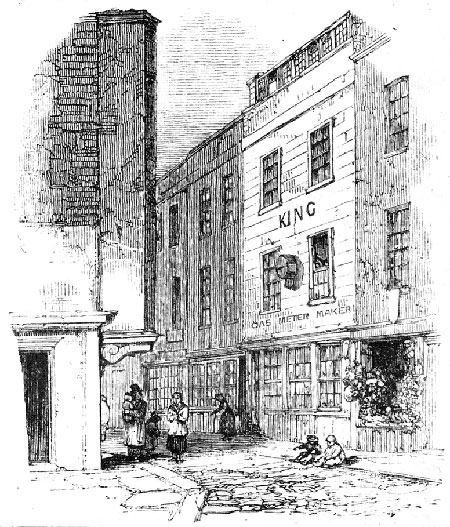 A 19th-century illustration of Cock Lane, site of a fake hunating. Haunting took place in the three-storey building on the right.