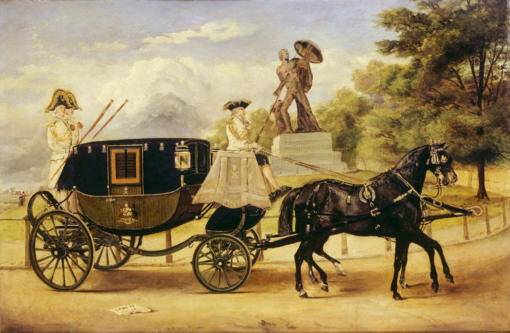The Dress Carriage of Viscount Eversley in Hyde Park. This oil painting by E.F. Holt depicts Viscount Eversley's dress carriage passing the Achilles statue on the Hyde Park ring road. The coachman and two footmen are in livery and carriage is drawn by two black thoroughbred horses.
