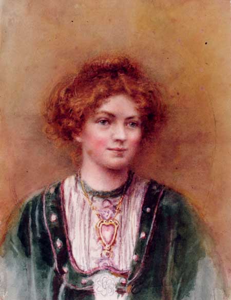 Watercolour portrait of Christabel Pankhurst. She wears a green smock, with a white blouse underneath; the neckline is ornamented with purple beads and she wears a large art-nouveau style necklace with pendant, possibly made by Ernestine Mills. The drawing is slightly unfinished and bears much resemblance to a formal photograph of Pankhurst. A later inscription on the reverse identifies the sitter and attributes the work to Sylvia Pankhurst, which is now thought entirely improbable; a different hand suggests one of the Misses Brackenbury but a comparison with their work also proves unhelpful.