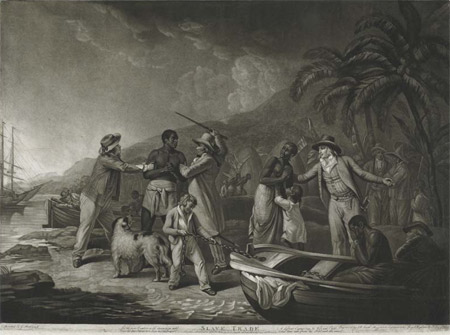 This print is based on George Morland’s painting depicting an African family being captured and separated by European sailors compelling them to lives of slavery. Produced at a time in 1791 when the anti-slavery movement was at it s height it was designed to produce a strong response from the viewer. Below the print is inscribed, ‘Lo! The Poor Captive with distraction wild / Views his dear Patrtner torn from his embrace/A diff’rent captain buys his /Wife and Child/ What time can from his soul such ills erase/’. It had a companion work called ’African Hospitality’. 