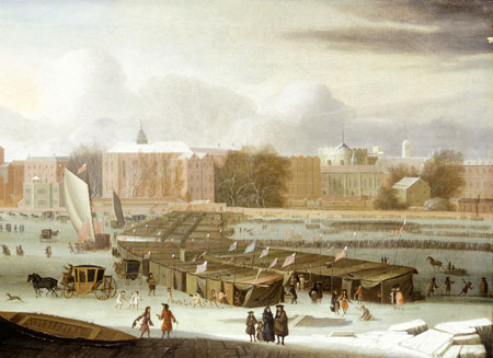 A Frost Fair on the Thames at Temple Stairs. Oil on canvas. Frost fair on the River Thames, January 1684. General view of the frost fair showing line of booths, coaches, sledges, sedan-chairs and groups of people on the ice. A game of ninepins is in progress in the foreground centre and nearby is a gaping hole. St. Clement Danes, Arundel St., Essex Buildings., Essex Stairs, Middle Temple Hall, Temple Stairs, Crown Office Row, Temple church, Serjeant's Inn Hall, predecessor of Paper Buildings and King's Bench Walk can be seen from left to right.
