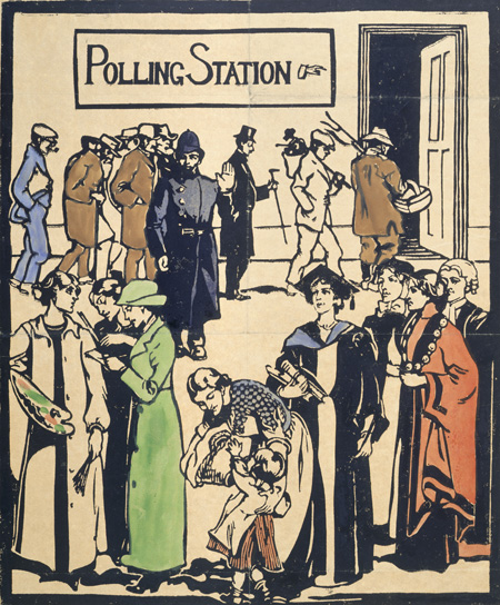 Pro-female suffrage propaganda postcard depicting a scene outside a 'Polling Station'. In the forefront a Mother tends to her child, flanked by a group of professional and graduate women including a nurse and mayor depicted as valued members of society but denied the vote and, therefore, excluded from the Polling Station. Behind, barring their entry to the polling station is a policeman. Queuing to vote are a number of 'enfranchised' men including an agricultural labourer, industrial and manual workers and a top-hated member of the middle class. The slightly controversial message of the postcard appears to suggest that professional women and graduates deserve the vote more than some enfranchised males and brings the issue of 'class' into the Suffrage debate. This design was published in both poster and postcard format by the Suffrage Atelier.  