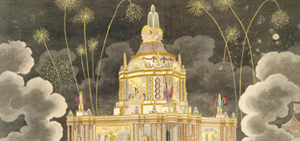 Coloured aquatint and etching showing a crowd watching fireworks at the Temple of Concord in Green Park.