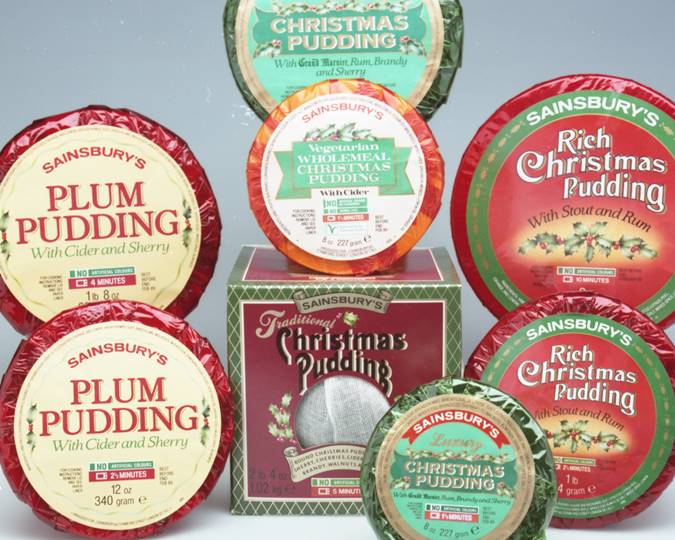 A variety of Sainsbury's traditional Christmas puddings. (ID no.: SA/PKC/PRO/1/3/4/4/8/1)