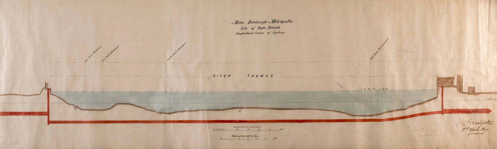 Several sections and cross-sections showing sewers and pipes. Signed by Bazalgette
