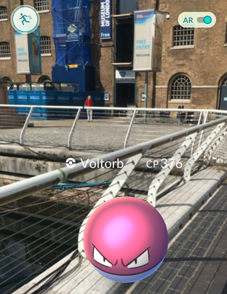 A Voltorb Pokemon pictured on the bridge just outside the Museum of London Docklands.