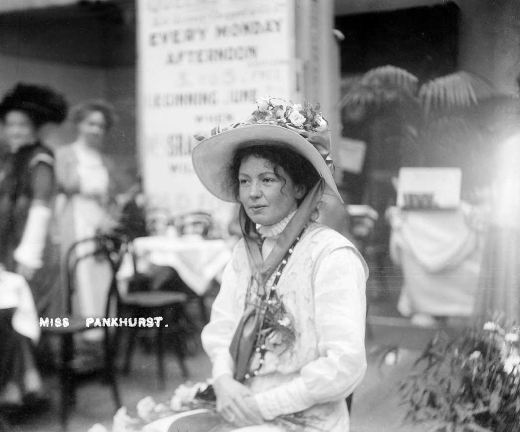 Christabel Pankhurst at The Women's Exhibition. Suffragette Christabel Pankhurst, the co-founder and leader of the Women's Social and Political Union, was photographed inside The Women's Exhibition held at Princes' Skating Rink, Knightsbridge, on 13-26 May 1909. Sale proceeds from the exhibition went into the union's suffrage campaign fund.