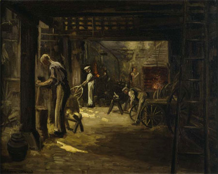 Five men are seen busily at work in the Marshall Street workshop owned by George Robson. The workshop supplied wheels and carriages which were designed by Hopper and Company. It suffered when iron-rimmed wheels were replaced by solid rubber tyres and, later, by pneumatic tyres. The workshop was closed in 1906. 
