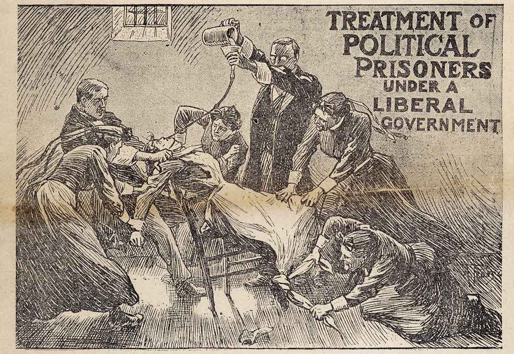 Treatment of Political Prisoners under a liberal government. This image is taken from the front cover of The Suffragette newspaper Friday February 6th 1914, Number 69 volume 2. The article was edited by Christabel Pankhurst and it was about what medical men thought of the process of force feeding which was being practiced on the women suffragettes in Holloway Prison.