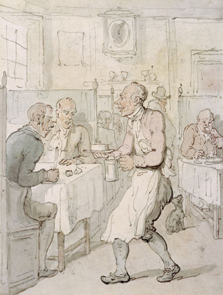 A City Chop House. A waiter carries a tankard and bowl towards the gentlemen diners at their table. The wooden partitions between tables are typical of the London chop-house of the period - such establishments were common in the City and along Fleet Street and the Strand until late Victorian times. They offered a lunch of meat and a pint of ale for as little as sixpence.
