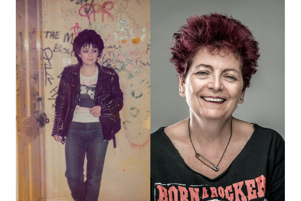 Punk Rosie Mellows, pictured in 1976 and 2016.