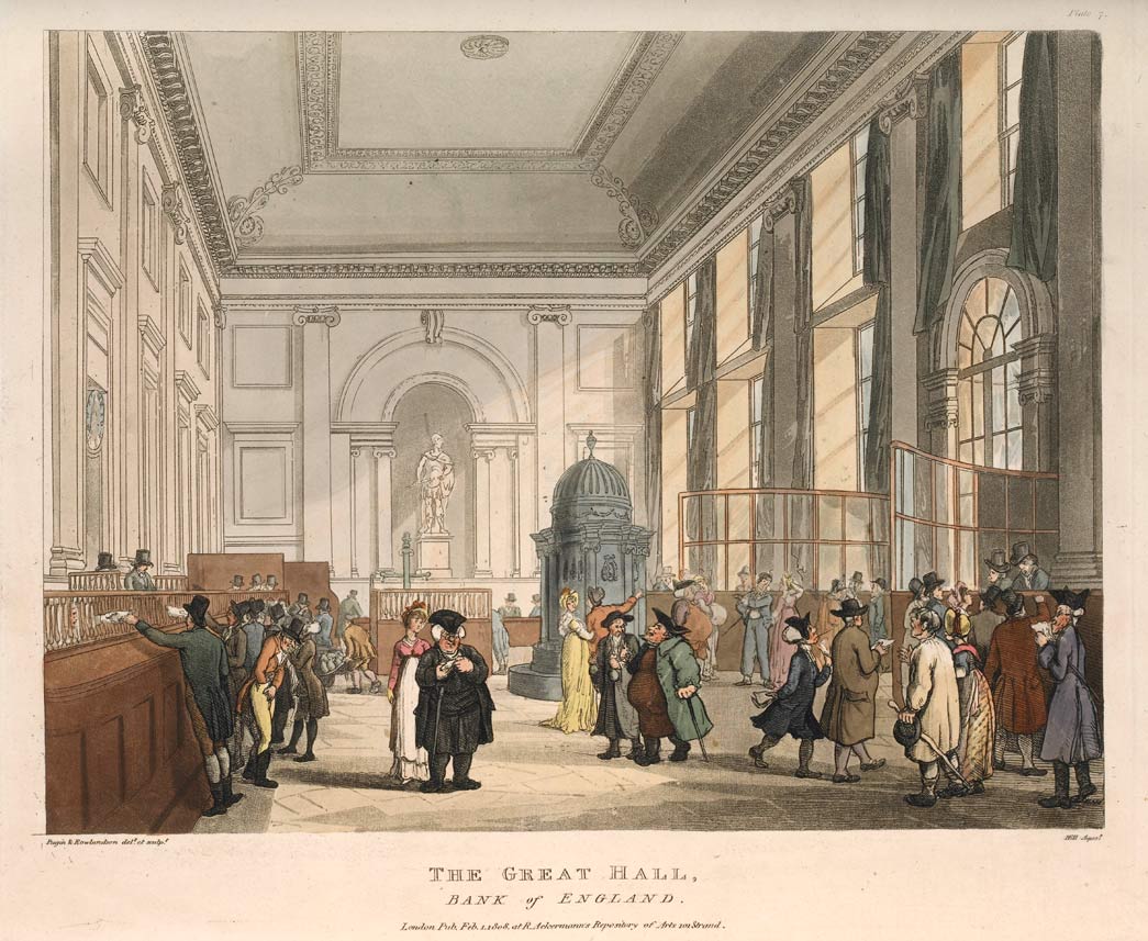 The Great Hall, Bank of England. Hand-coloured aquatint. The newly centralised Bank of England was the largest and most powerful financial undertaking in the City of London. During the late 18th and early 19th century, its complex of buildings was redeveloped in a grand style under the direction of the architect John Soane (1753-1837). In the Great Hall, bank notes were issued and exchanged. In another giant hall, hundreds of professional brokers and jobbers as well as ordinary investors came to buy and sell government stock each day.
