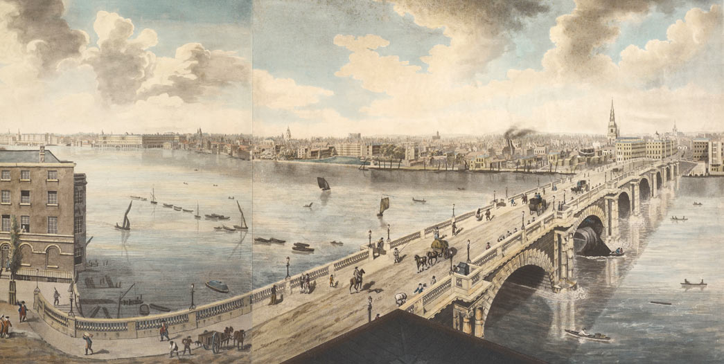 Panoramic view of London from the roof of Albion Mills, a factory at the south end of Blackfriars Bridge, which was destroyed by fire shortly after completion of the sketches in early 1791.
