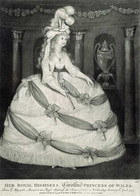 Her Royal Highness Caroline Princess of Wales. Full length portrait of Caroline of Brunswick, Princess of Wales. The print commemorates her wedding which took place on 8 April 1795. The print was published a few days earlier. Mezzotint.
