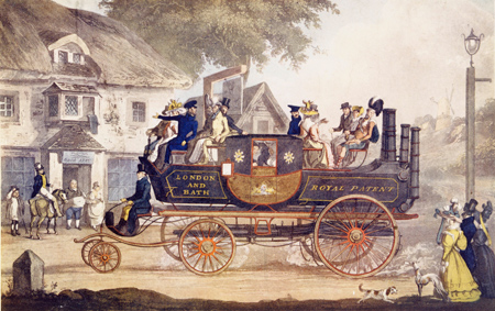 The New Steam Carriage. A coloured lithographic drawing of the new steam carriage of inventor and patentee, Mr. Goldsworthy Gurney. Shown here operating a passenger service between London and Bath.
