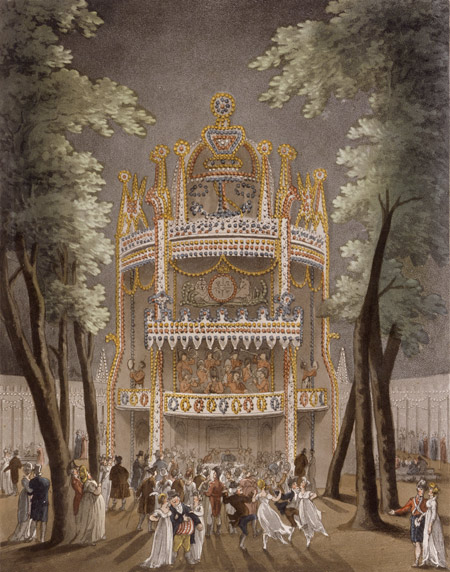 Vauxhall Gardens. Coloured aquatint with etching. Exterior view of the gardens with an orchestra playing in the balconied tower, which can seen in the background. Night scene where couples, including military officers, are dancing together.

