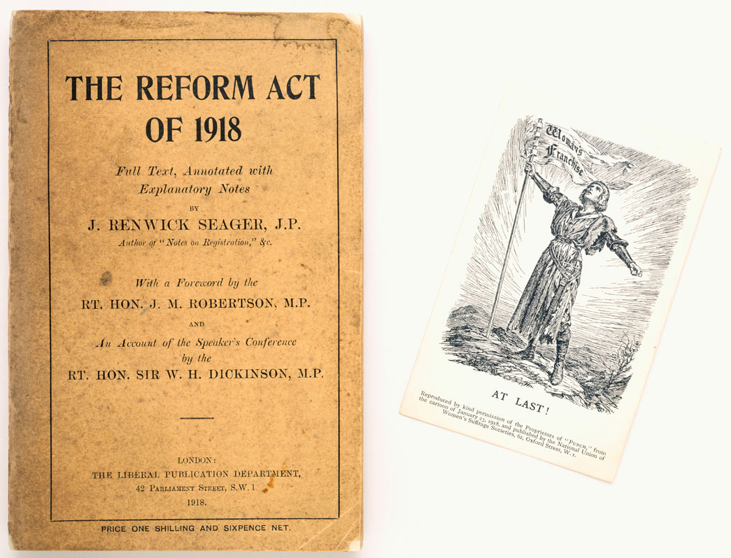 Book titled 'The Reform Act of 1918'. It contains the full text, annotated with explanatory notes by J. Renwick Seager. The front cover is inscribed Edith How Martyn. Black and white picture postcard 