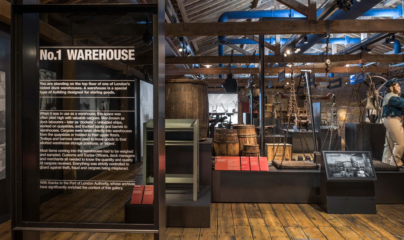 Entrance view of the No. 1 Warehouse gallery at the Museum of London Docklands.