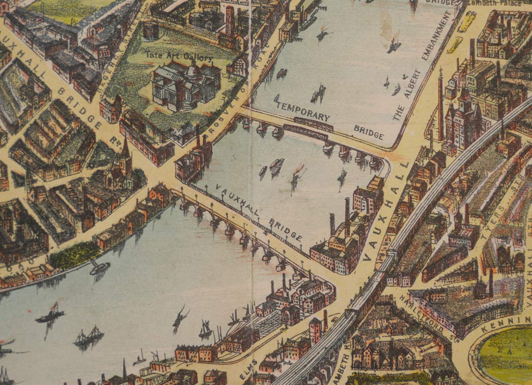 A map of the Thames, illustrated by Chas Baker in 1901 and showing the Vauxhall temporary bridge.