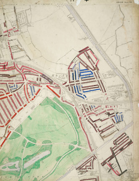 Section 10 of the original Descriptive map of London Poverty, 1889, compiled and hand coloured by Charles Booth and assistants. The section covers the area between Durlington Road in the North West; Temple Mill Road in the North East; Dace Road in the South East and Victoria Park in the South West. The districts covered are Victoria Park and Hackney Marshes.
