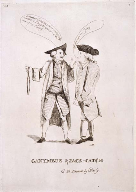 This print was published by the caricaturists Matthew and his wife Mary Darly. The Darlys opened their print shop at 39 The Strand in 1766. They also encouraged amateur artists to produce 'carrick' (caricature) in the form of drawings and etchings. This one is initialled 'J.W.' in the bottom right hand corner. 