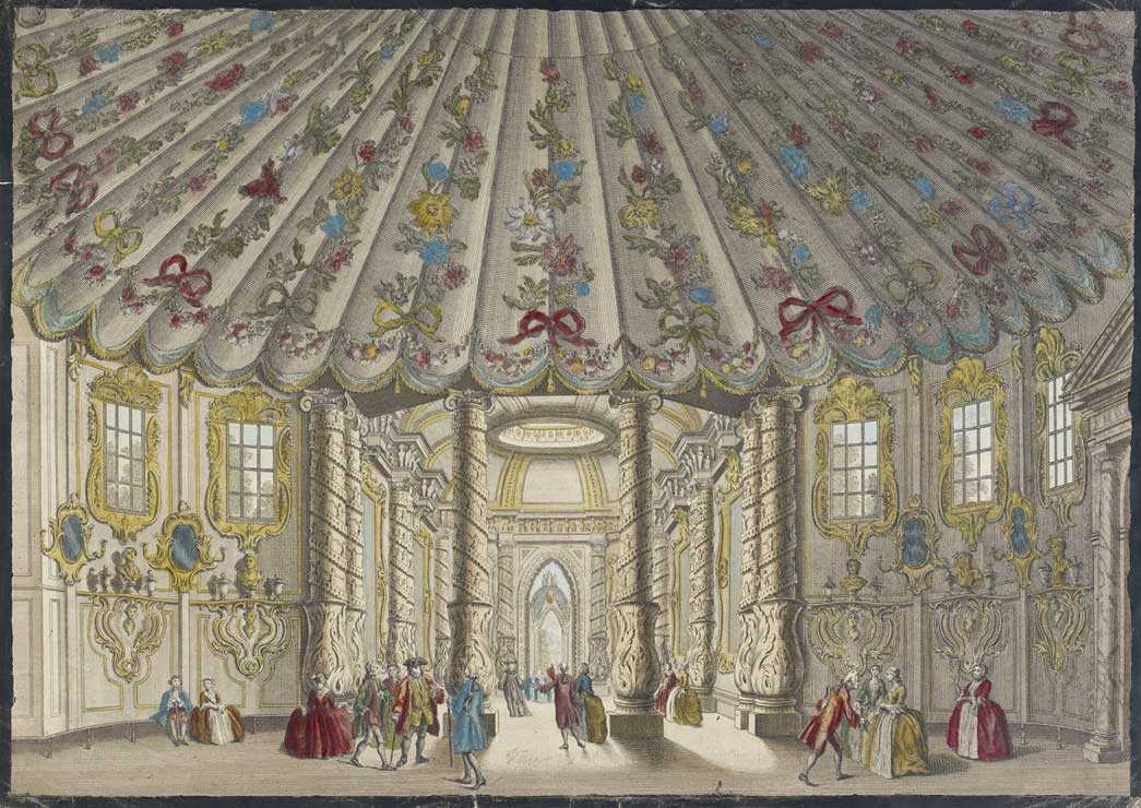 Coloured image of the interior of the Music Room at the Vauxhall Gardens in the mid 18th century.
