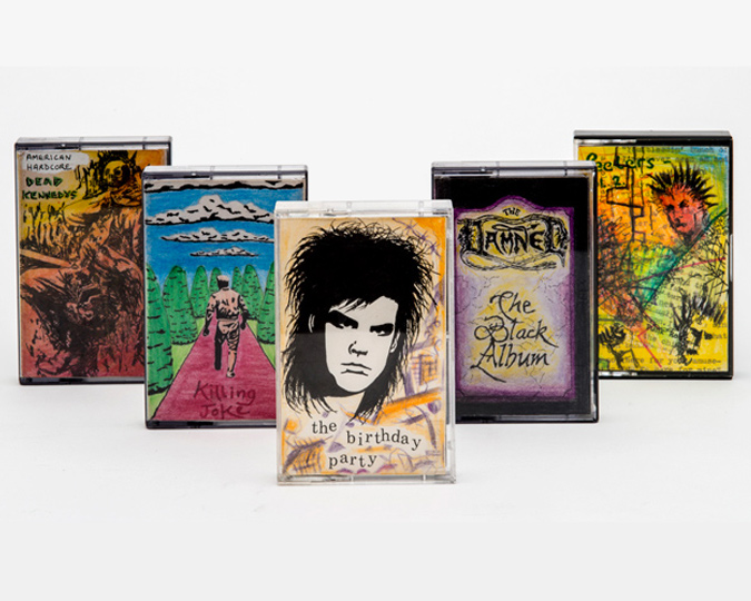 Tapes decorated by hand with images of Punk bands.