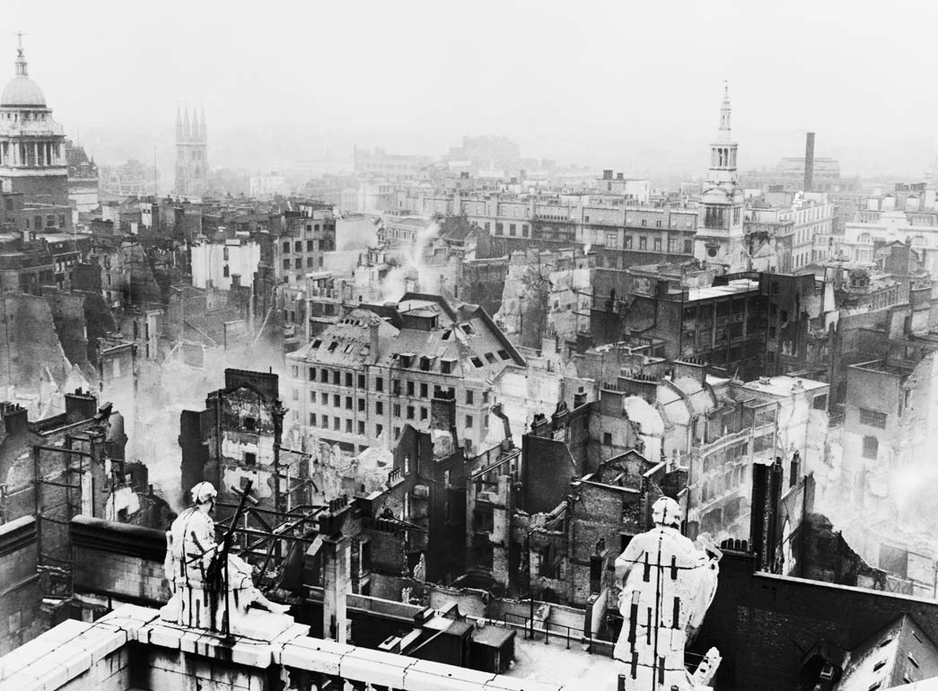 Bomb damage seen from St. Paul's cathedral towards Paternoster Row. In the aftermath of the Blitz on London, St Paul's stood almost solitary amongst the surrounding devastation.