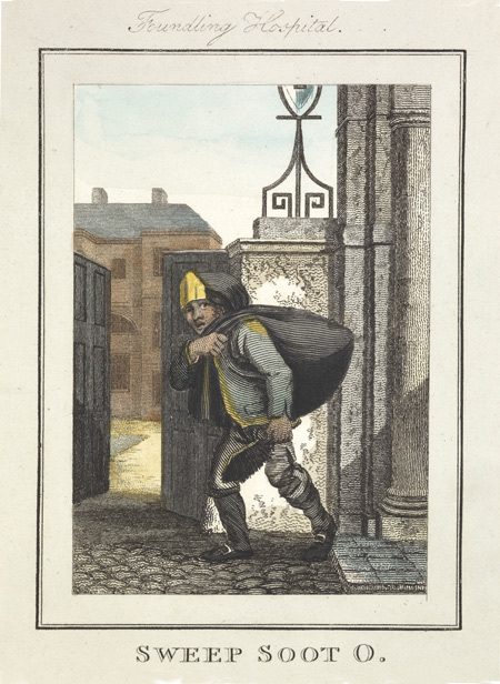 Image of a chimney sweep with bag of soot and brush, passing the gates of the Foundling Hospital. Chimney sweeps started work at dawn. Two or three boys accompanied the master sweep; the older one carried the bag of soot while a small boy would sweep the chimney, naked. Boys from workhouses were apprenticed to chimneysweepers.