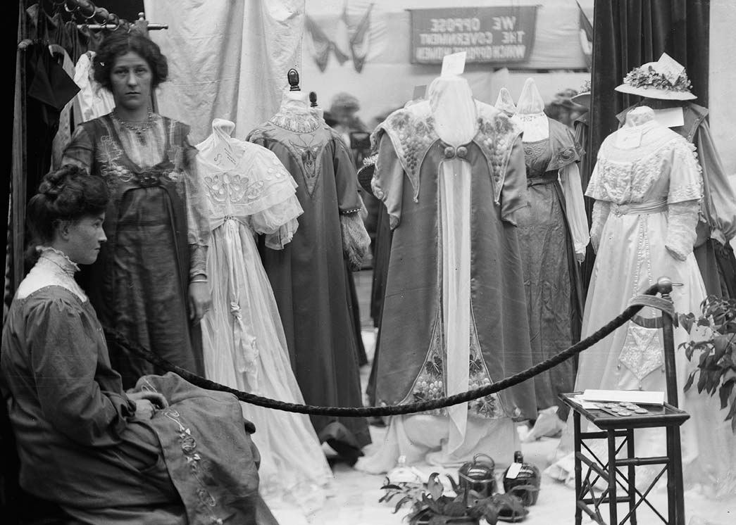 Dresses on show as part of a suffragette exhibition.