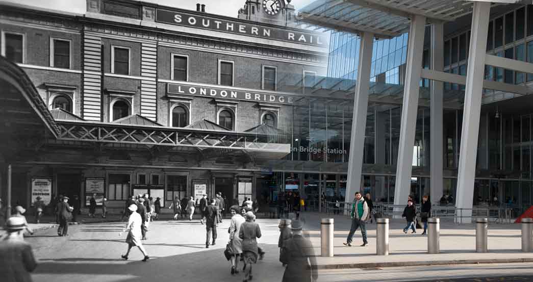 Composite photograph showing a contempory and historical view of the forecourt of the Southern Railway's terminus at London Bridge. This was the oldest railway terminus in London, having been built for the line linking London and Greenwich in 1836.
