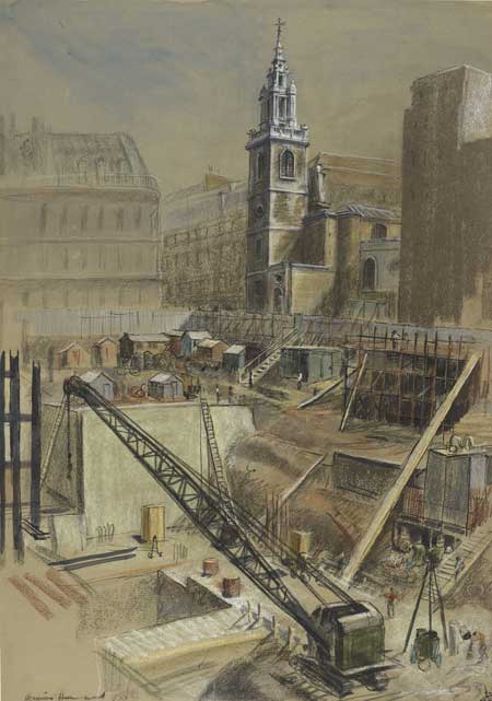 Laying the foundations for Bucklersbury House on the site of the Temple of Mithras. The building site is enclosed all around with a fence. It has been taken from the South East and shows in the background the church of St. Stephen's, Walbrook.