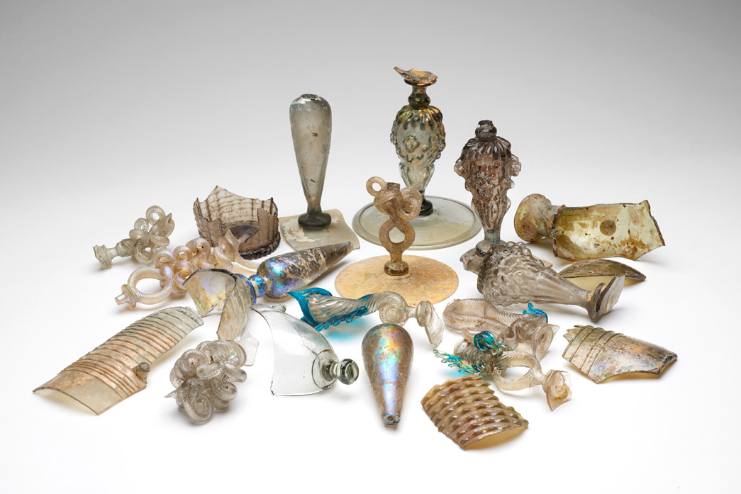 Selection of glass recovered from Gracechurch Street on a house burned during the Great Fire.
