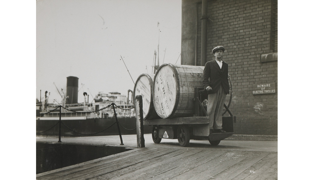 Tobacco being loaded on an electric trolley at London's Docklands.