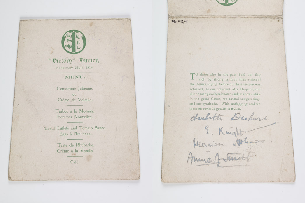 Printed menu for a meal organised by the Women's Freedom League on 3 January 1919 to commemorate the women candidates who stood for parliament during the General Election of 1918.