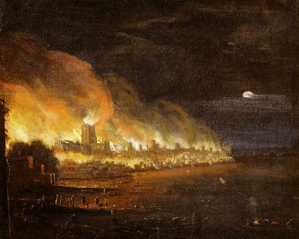 The Great Fire of London - Taken from the West just beyond Essex Stairs. Oil on canvas - not dated or signed. Moonlit scene framed on the left by Essex and Temple Stairs and on the right by the London Bridge.
