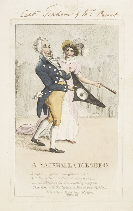 'A Vauxhall Cicesbeo'from a portfolio containing over 2000 cuttings from newspapers and periodicals, dating between 1719 and 1859, relating to Vauxhall Gardens.
