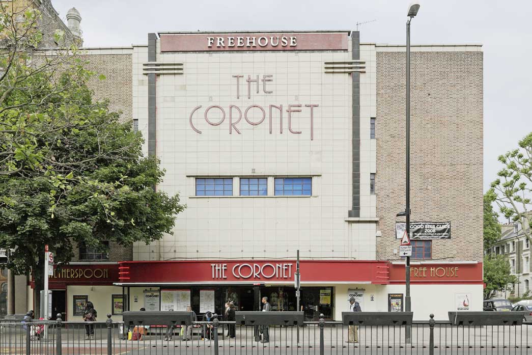 The Coronet in Holloway is a conversion of an old cinema into a pub. The front of the venue remains much as it would have done when functioning as a cinema.
