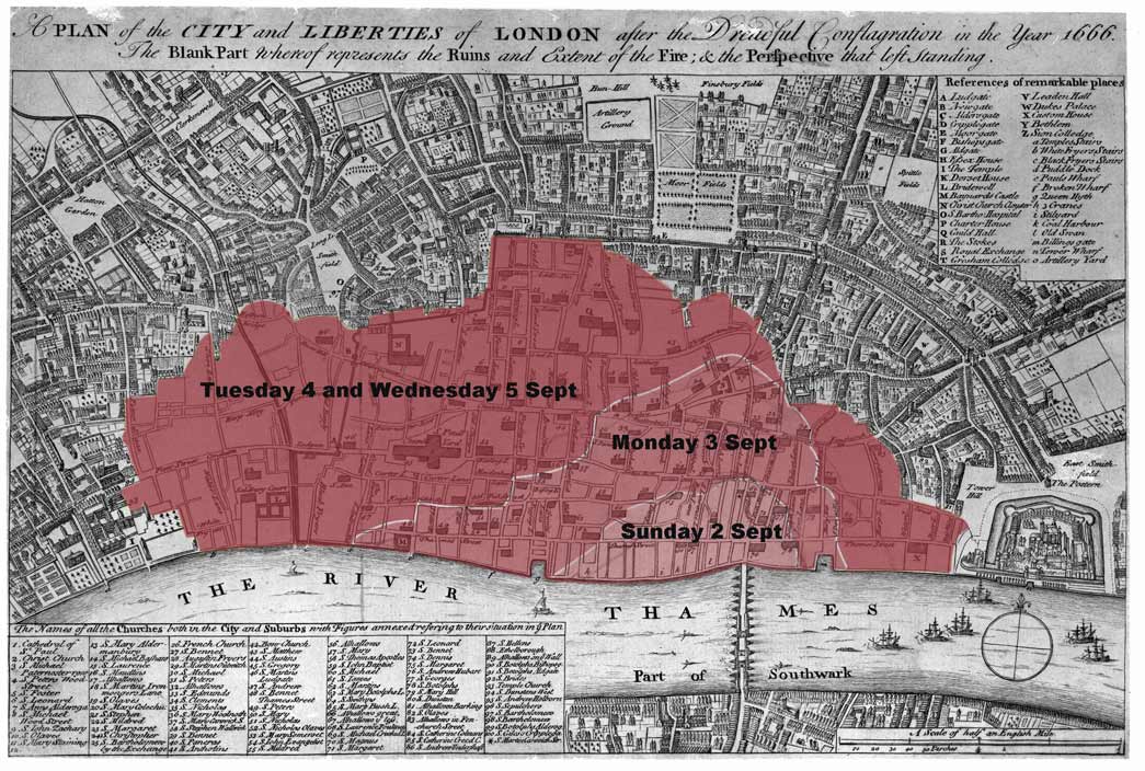 Map showing the spread of the Great Fire across London in September 1666.