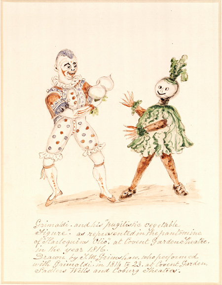 This watercolour of the clown Joseph Grimaldi has a long inscription which reads, 'Grimaldi and his 