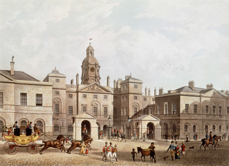 A View of the Horse Guards from Whitehall. Coloured aquatint. Street scene with horse chart and groups of people in the foregorund and Horse Guard Building in the background.
