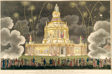 Coloured aquatint and etching. The temple of concord was erected in Celebration of the Glorious Peace of 1814. This view shows the Temple of Concord as erected in Green Park and is not shown realistically. The night scene shows a crowd on the foreground looking at the fireworks. 