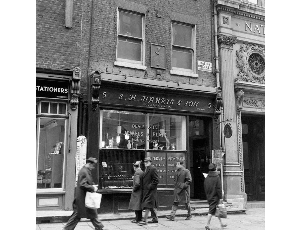 S. H. Harris & Son Jewelry shop at No 5 Hatton Garden. The building is still a jewellery shop however it is now owned by another company. Hatton Garden is an area of London between Leather Lane, Saffron Hill and Hatton Wall. Up until the 19th century houses were privately owned and no shops were permitted but by the 1860s there were some jewelers working in gold and silver. Since this time Hatton Garden has become the centre of the Diamond Trade in London.