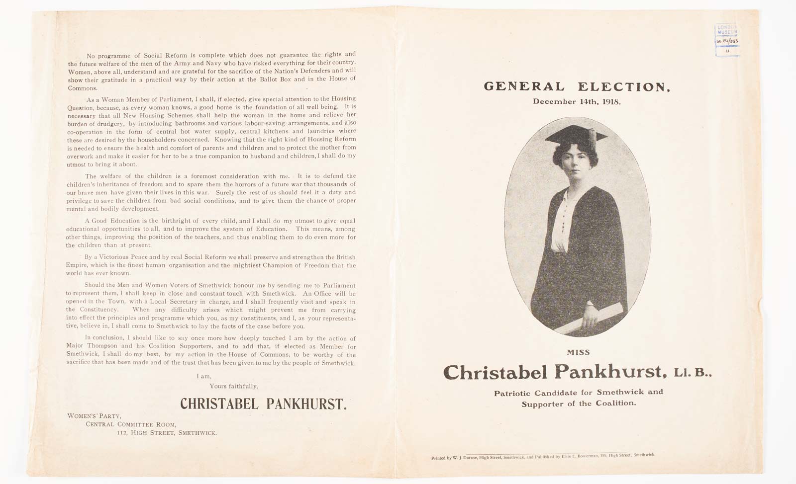 Campaign leaflet issued by The Women's Party and Christabel Pankhurst for the General Election. December 14th, 1918. The leaflet is printed with Christabel Pankhurst's Election Address to the Men and Women Electors of Smethwick. 