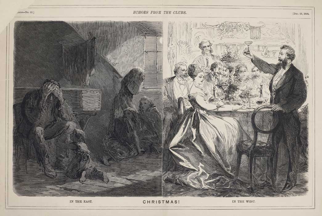This engraving was published in a journal called Echoes from the Clubs. It depicts the contrasting experience of Christmas for Londoners living in wealth and poverty. 