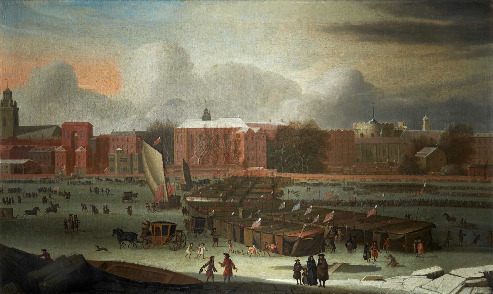 A Frost Fair on the Thames at Temple Stairs. January 1684. The frost fair scene shows a line of booths on frozen Thames in centre, coaches, sledges, sedan-chairs & citizens are shown on ice. Also a game of ninepins in progress.In the foreground centre and nearby is gaping hole in ice. You can see in the painting from left to right; St. Clement Danes, Arundel St., Essex Bldgs., Essex Stairs, Middle Temple Hall, Temple Stairs, Crown Office Row, Temple church, Serjeant's Inn Hall, precursor of Paper Buildings and on the extreme right King's Bench Walk.
