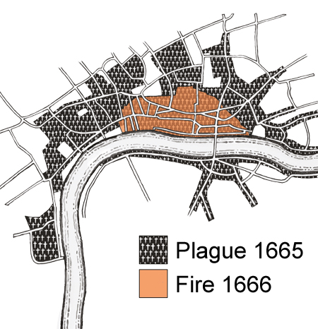 A map showing the areas affected by the great plague of 1665 and by the Great Fire of 1666.