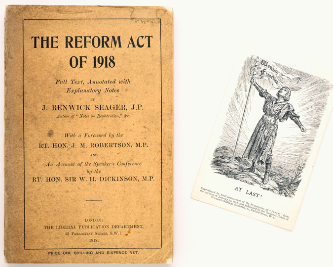 Book titled the Reform Act of 1918 and postcard At Last