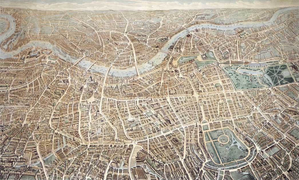 A balloon view of London as seen from Hampstead, May 1851. Coloured etching and aquatint. All major streets and buildings are labelled, including Crystal Palace in Hyde Park.