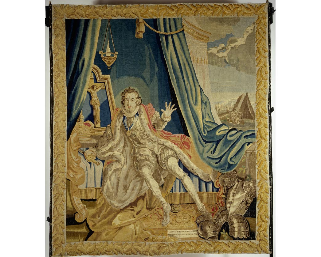 Tapestry depicting the actor David Garrick as Richard II, in costume. Made of wool and silk.